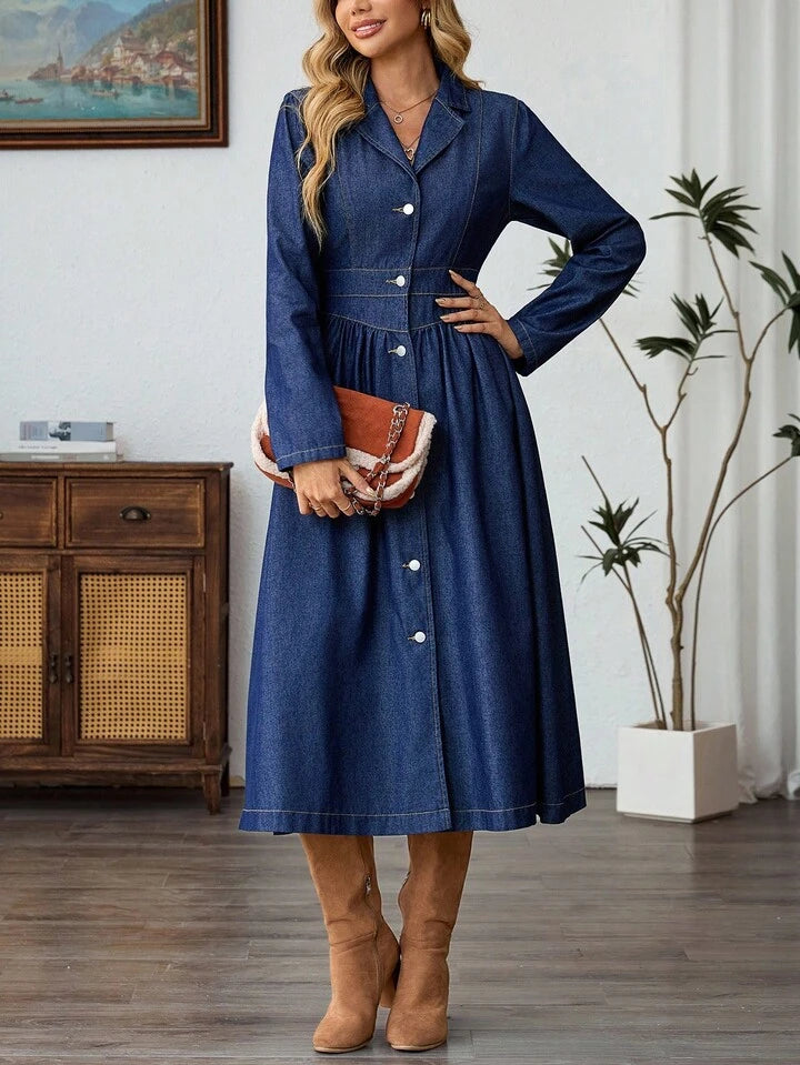 CM-DS021333 Women Elegant Seoul Style Dark Wash Lapel Neckline Long Sleeve Single-Breasted Denim Dress