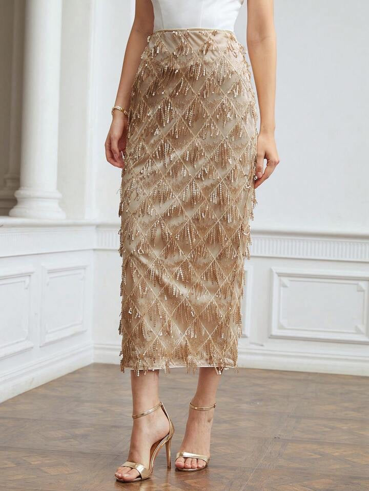 CM-BS966127 Women Elegant Seoul Style Premium Sequin Fringe Midi Skirt - Khaki