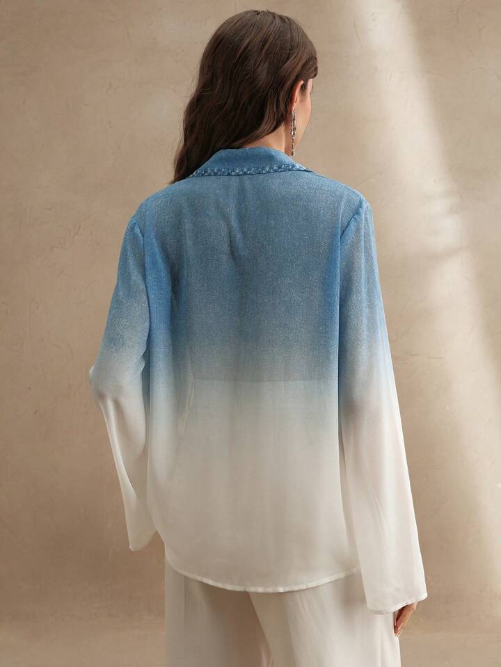 CM-TS772007 Women Casual Seoul Style Chiffon Fabric Imitation Denim Gradient Long Sleeved Shirt - Blue