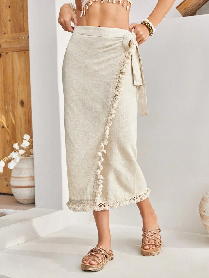 CM-BS583958 Women Trendy Bohemian Style Fringe Hem Side Tie Skirt - Apricot