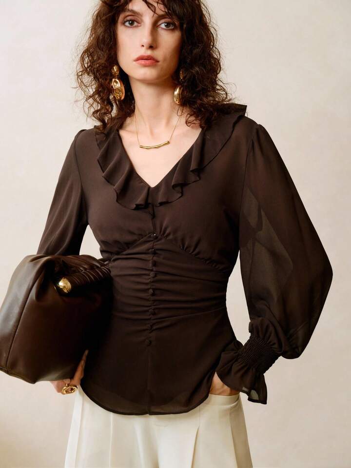 CM-TS909065 Women Elegant Seoul Style Chiffon V-Neck Ruffled Lace Long Sleeve Shirt - Coffee Brown