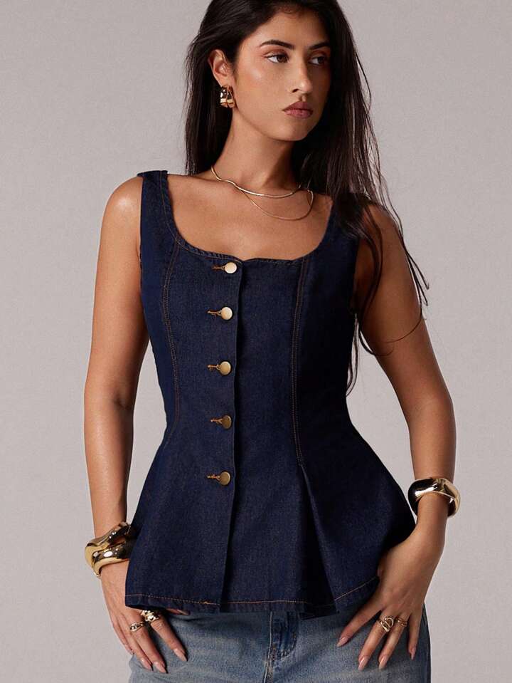 CM-TS395979 Women Elegant Seoul Style Scoop Neck Sleeveless Open Back Denim Top - Blue