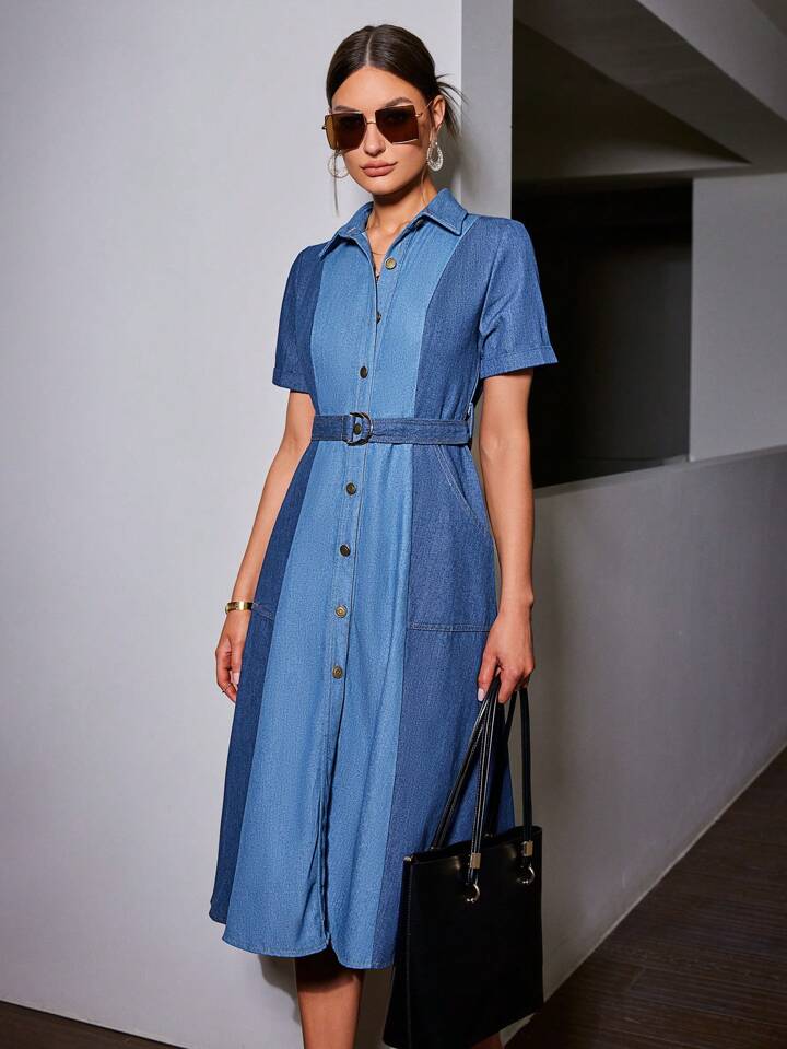 CM-DS846599 Women Elegant Seoul Style Denim-Effect Print Short Sleeve D-Ring Belted Dress - Blue