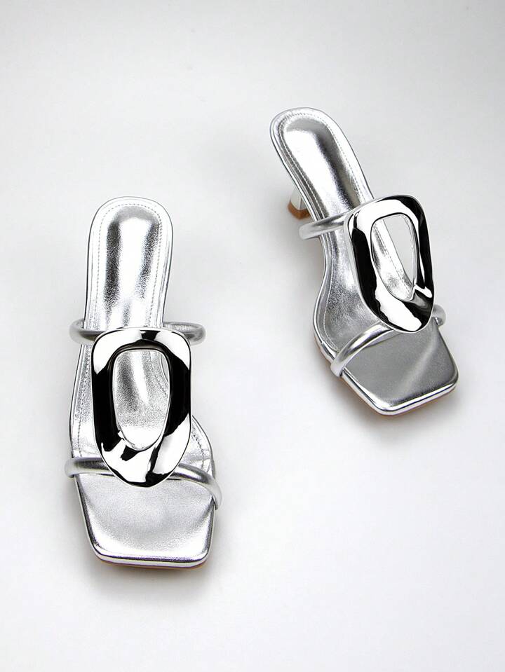 CM-SHS263007 Women Trendy Seoul Style Metallic Buckle Decor Open Toe Mid Heel Mules - Silver