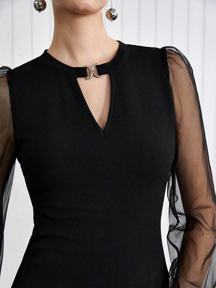 CM-TS157594 Women Elegant Seoul Style Keyhole Neckline Mesh Splicing Long Sleeve Top - Black