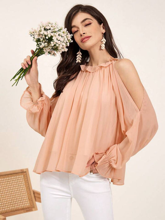 CM-TS099777 Women Casual Seoul Style Hollow Out Shoulder Flare Sleeve Blouse - Orange