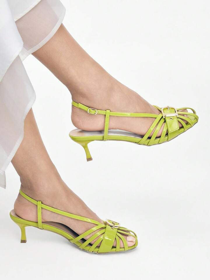 CM-SHS446705 Women Trendy Seoul Style Hollow Out Slingbacks Mid Heel Sandals - Light Green