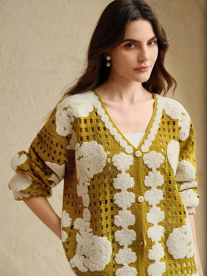 CM-CS148566 Women Elegant Seoul Style Floral Pattern Long Sleeve Single-Breasted Hollow Out Knitted Cardigan