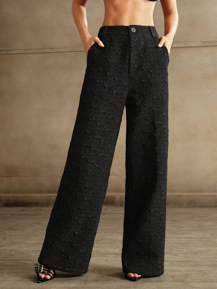 CM-BS522392 Women Elegant Seoul Style Minimalist Textured Wide Leg Pants - Black