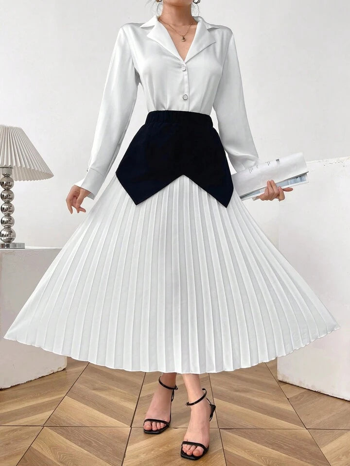 CM-BS695561 Women Elegant Seoul Style Color Block Pleated A-Line Long Skirt