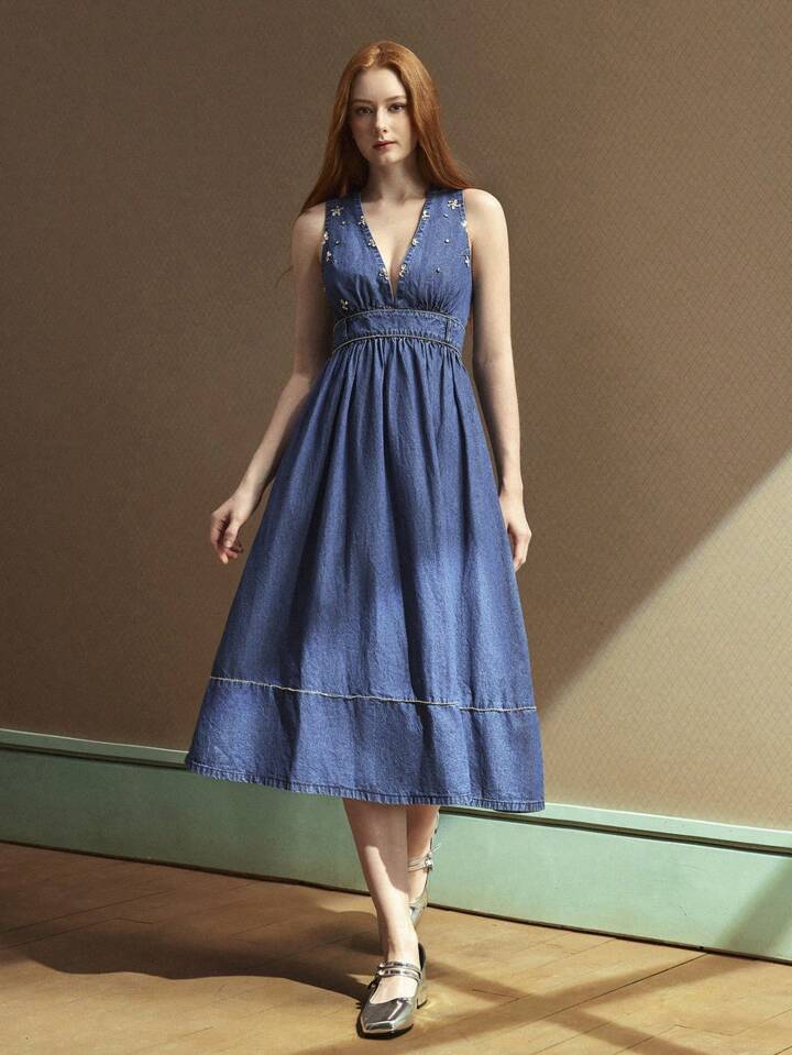 CM-DS211413 Women Casual Seoul Style Deep V-Neck Spaghetti Strap High Waist Denim Dress - Blue