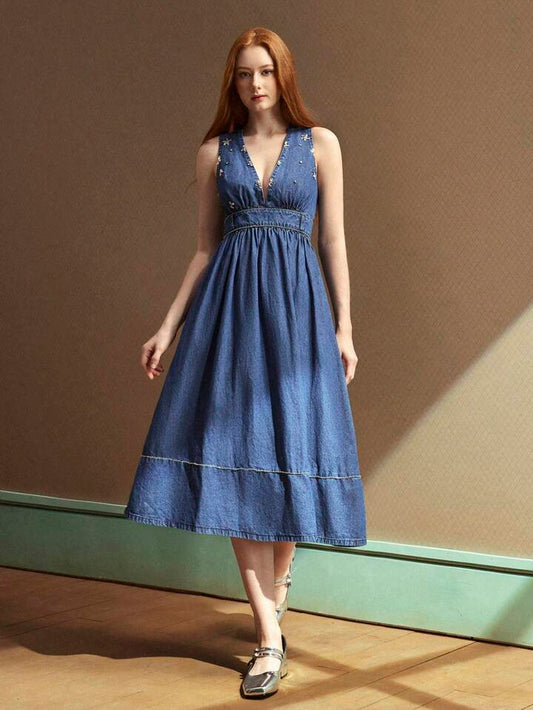 CM-DS211413 Women Casual Seoul Style Deep V-Neck Spaghetti Strap High Waist Denim Dress - Blue