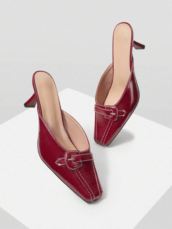 CM-SHS859258 Women Trendy Seoul Style Buckle Design High Heel Mules - Burgundy