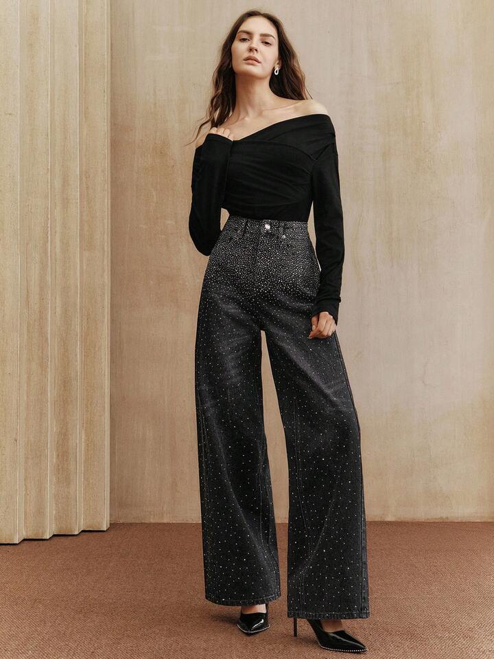 CM-BS455524 Women Elegant Seoul Style Mid Waist Baggy Flared Leg Pants - Black