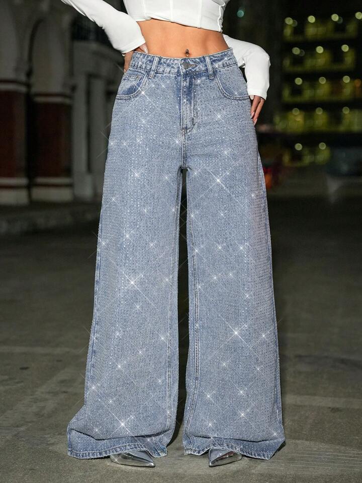 CM-BS174808 Women Casual Seoul Style Light Wash Front Button Pocket Low Waist Rhinestone Studded Jeans