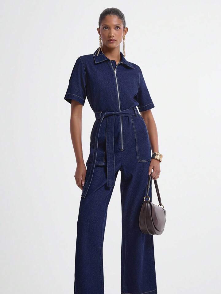 CM-JS957764 Women Casual Seoul Style Dark Wash Collar Neckline Short Sleeve Loose Denim Jumpsuit
