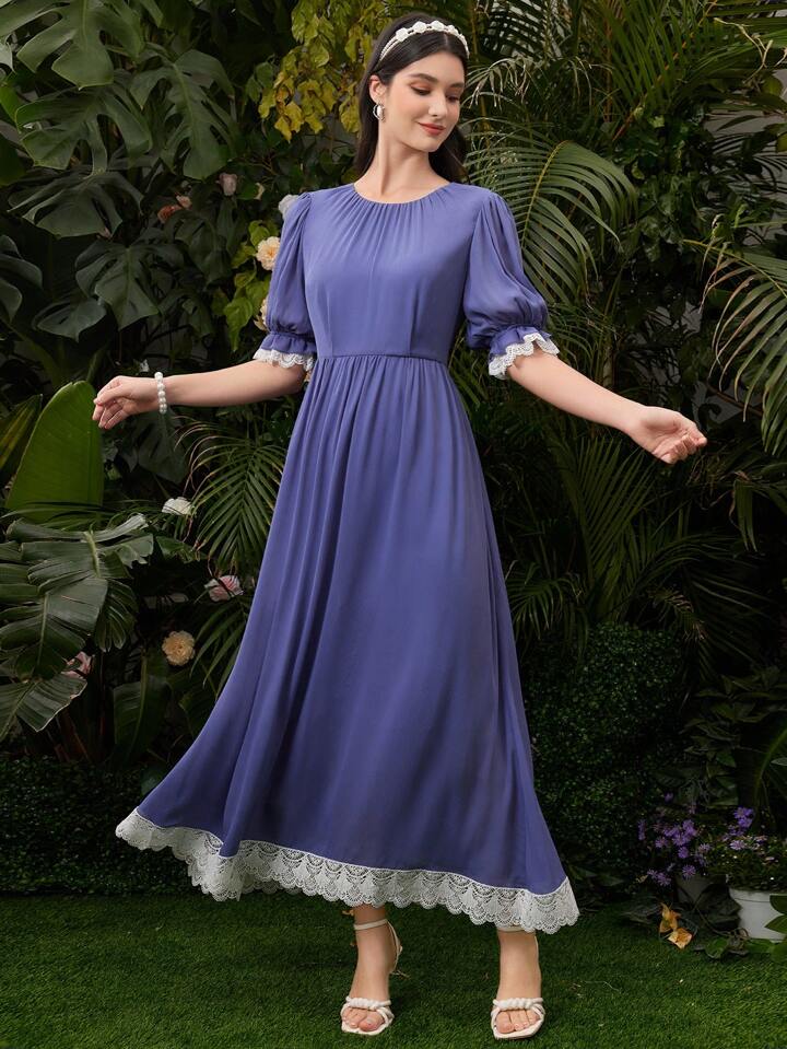 CM-DS187545 Women Casual Seoul Style Contrast Color Lace Trimmed Round Neck Dress