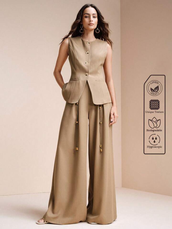 CM-SS173741 Women Elegant Seoul Style Linen Round Neck Sleeveless Vest With High Waist Beaded Wide Leg Pants - Set