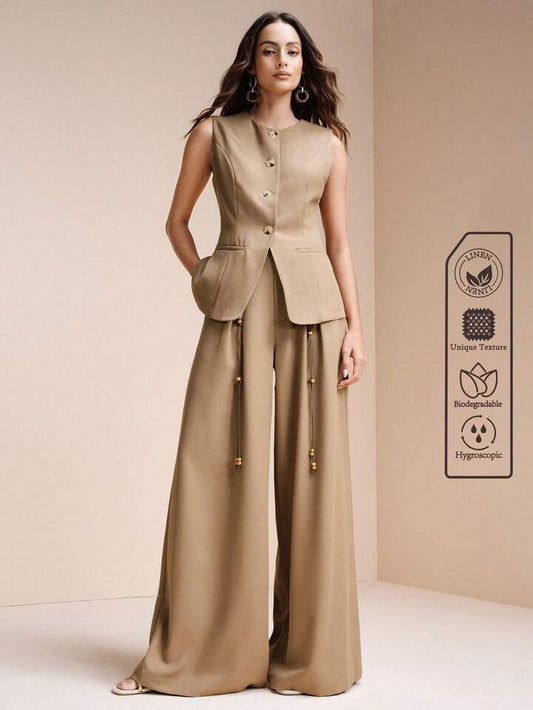 CM-SS173741 Women Elegant Seoul Style Linen Round Neck Sleeveless Vest With High Waist Beaded Wide Leg Pants - Set