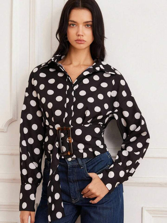 CM-TS808252 Women Elegant Seoul Style Pleated Cinched Waist Exaggerated J-Shaped Buckle Puff Sleeve Blouse