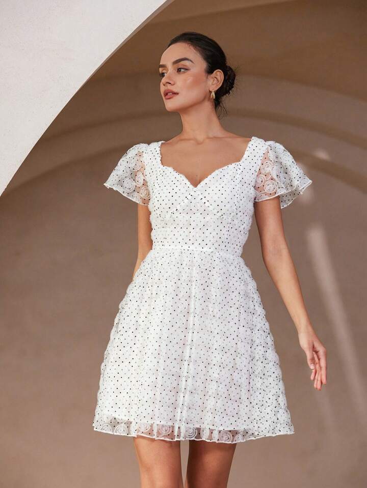 CM-DS996707 Women Elegant Seoul Style Organza See-Through Polka Dot Cap Sleeve Elastic Waist Short Dress
