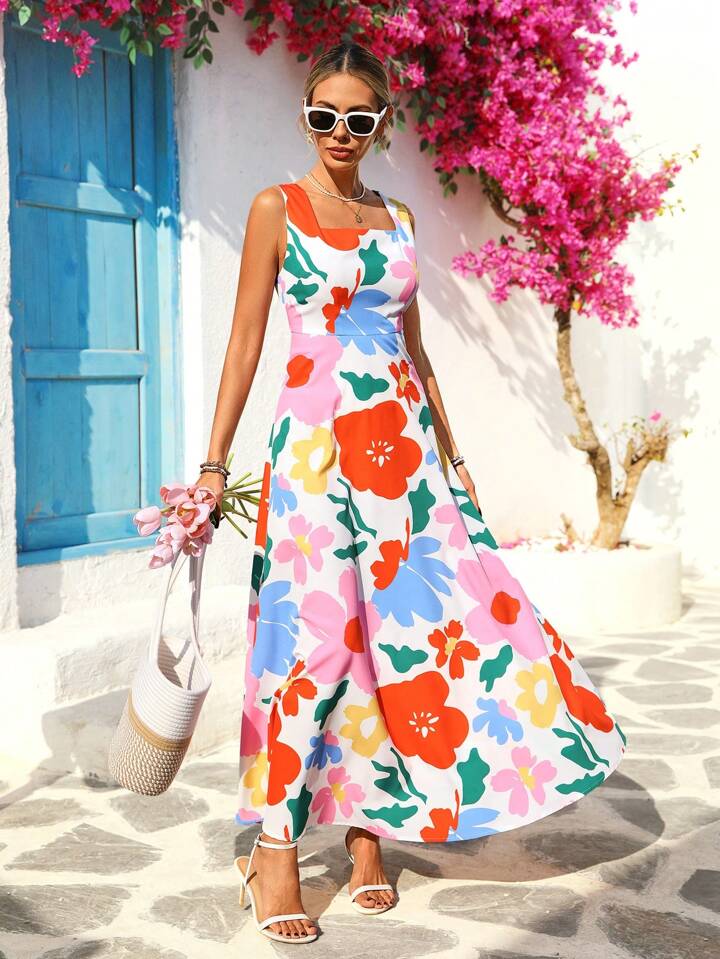 CM-DS611174 Women Trendy Bohemian Style Floral Print Square Neck Sleeveless High Waist Long Dress