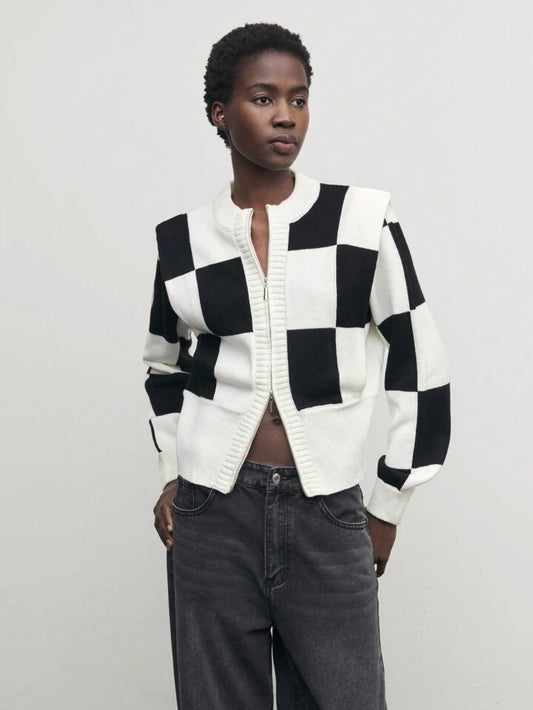 CM-CS519888 Women Casual Seoul Style Round Neck Long Sleeve Color Block Knitted Cardigan