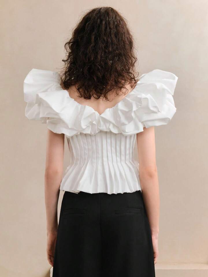 CM-TS573713 Women Elegant Seoul Style Wide V-Neck Puff Neck Pleated Cinched Waist Asymmetrical Blouse - White