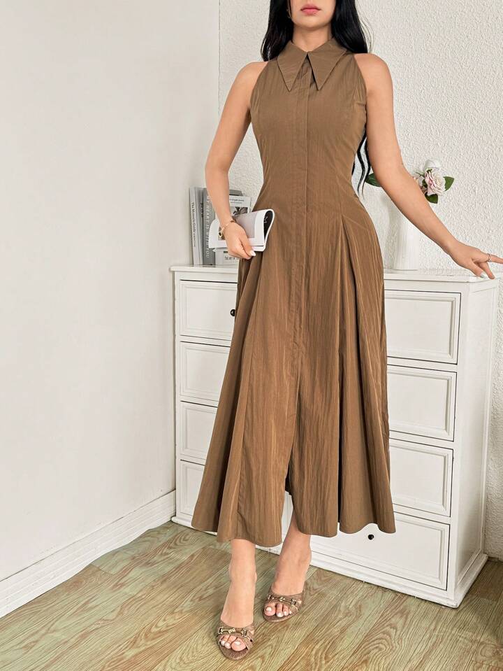 CM-DS240433 Women Elegant Seoul Style Solid Color Halter Neckline Sleeveless Midi Dress - Brown