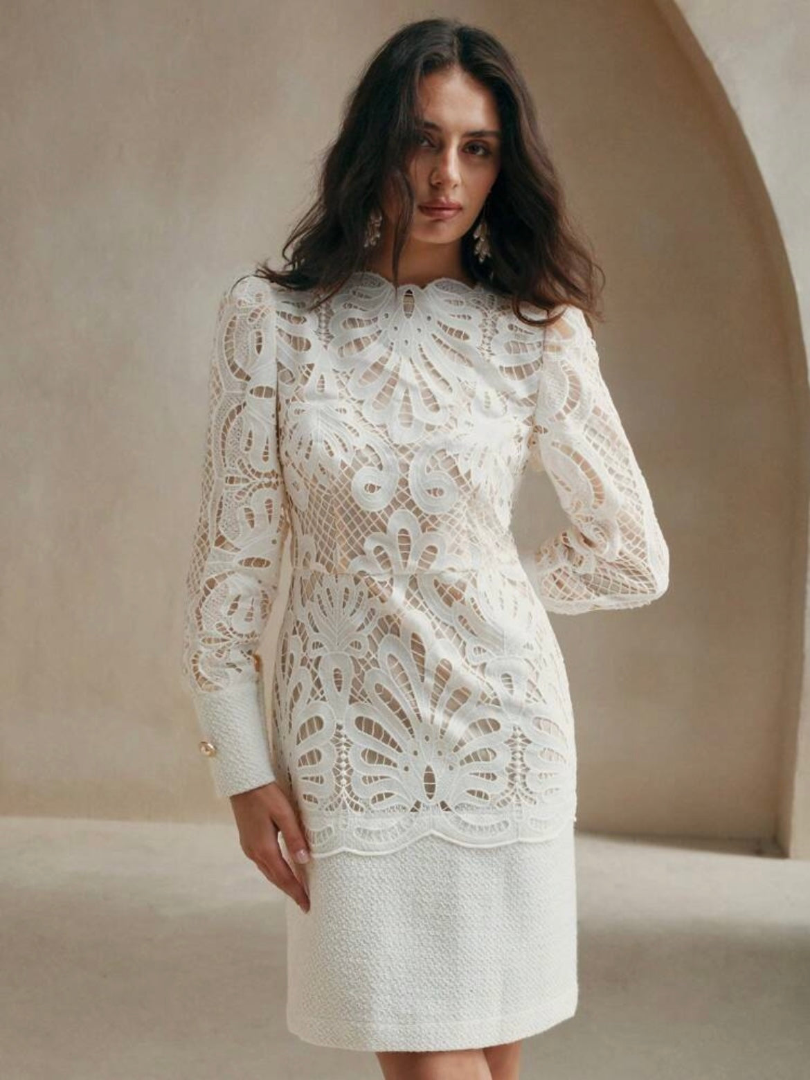 CM-DS483514 Women Elegant Seoul Style Stand Collar Long Sleeve Lace Patchwork Cheongsam Dress - White