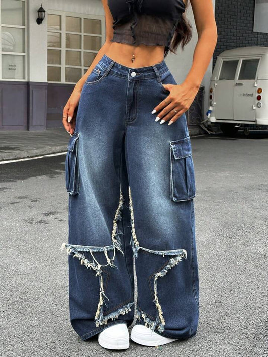 CM-BS669664 Women Casual Seoul Style Dark Wash Star Patch Loose Fit Wide Leg Jeans