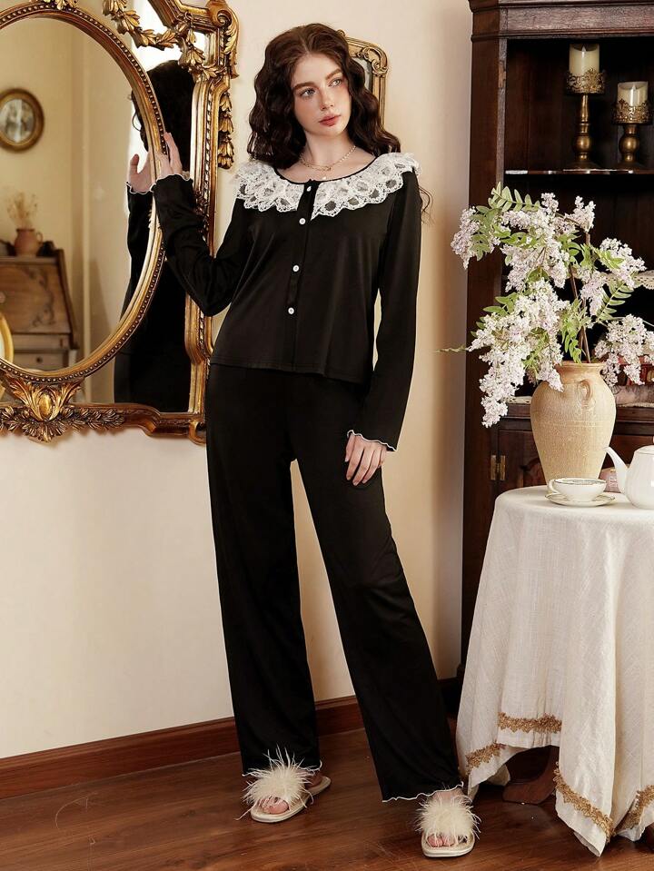 CM-LS596087 Women Trendy Seoul Style Lace Contrast Color Long Sleeve Top With Pants Sleepwear Set