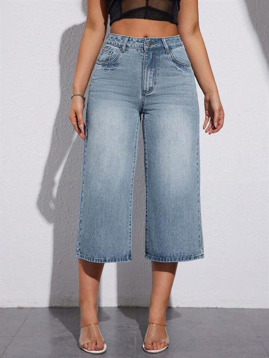 CM-BS155387 Women Casual Seoul Style Medium Wash Loose Wide Leg Jeans With Pockets