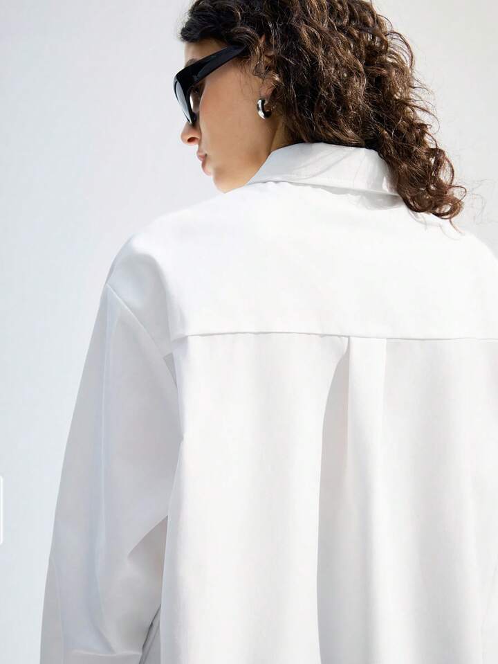 CM-TS827052 Women Casual Seoul Style Solid Collar Neckline Drop Shoulder Long Sleeve Blouse - White