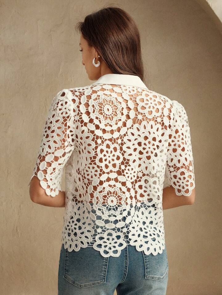 CM-TS423323 Women Casual Seoul Style Collar Neckline Half Sleeve Floral Hollow Out Lace Shirt Blouse - White