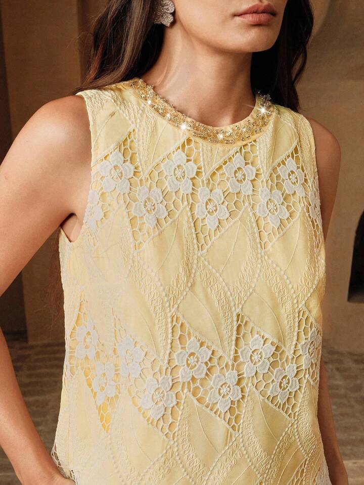 CM-TS157263 Women Elegant Seoul Style Rhinestone Collar Lace Embroidered Floral Sleeveless Blouse - Yellow