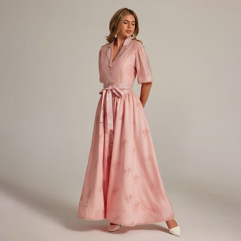 CM-SY035589 Women Elegant European Style Collar Neckline Half Sleeve Beads Decor Blouse With High Waist Long Skirt - Set