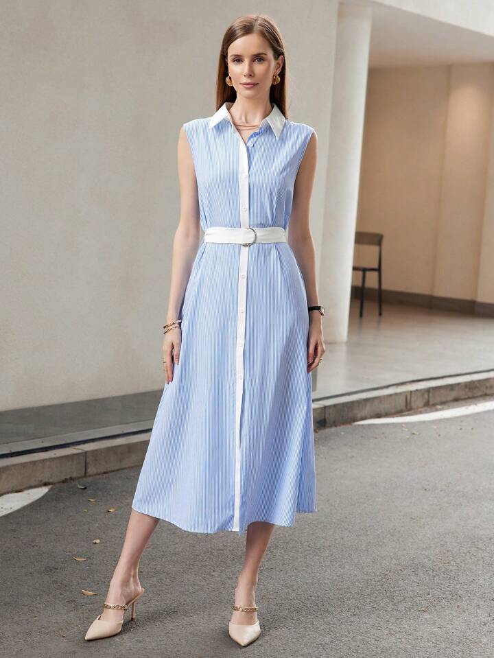 CM-DS018307 Women Casual Seoul Style Solid Color Shirt Collar Striped Sleeveless Dress