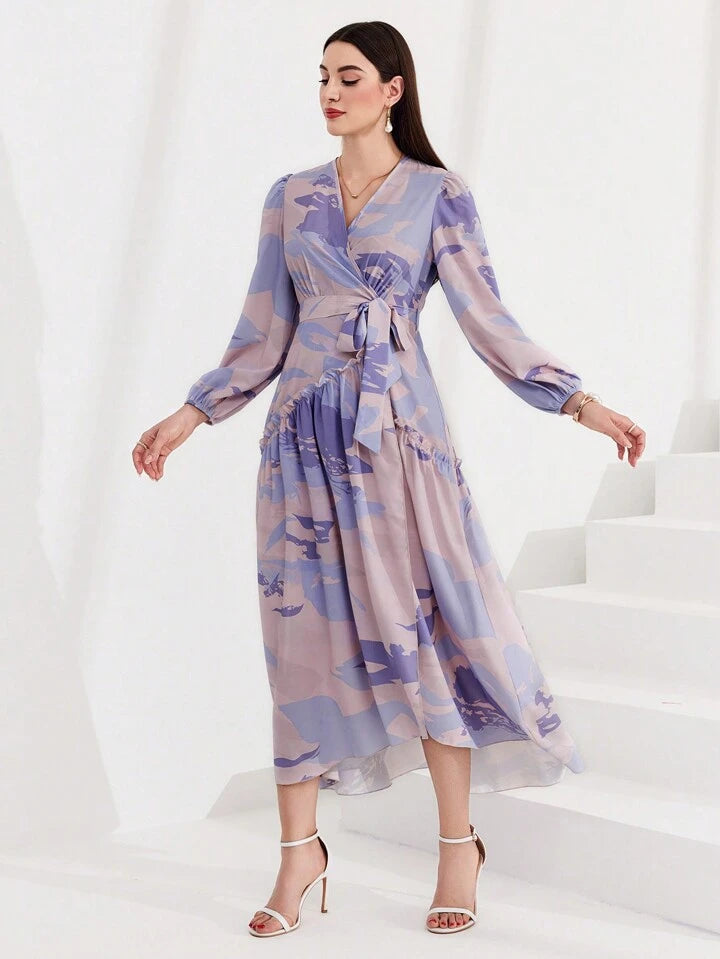 CM-DS911061 Women Elegant Seoul Style Allover Print Lantern Sleeve Belted Dress