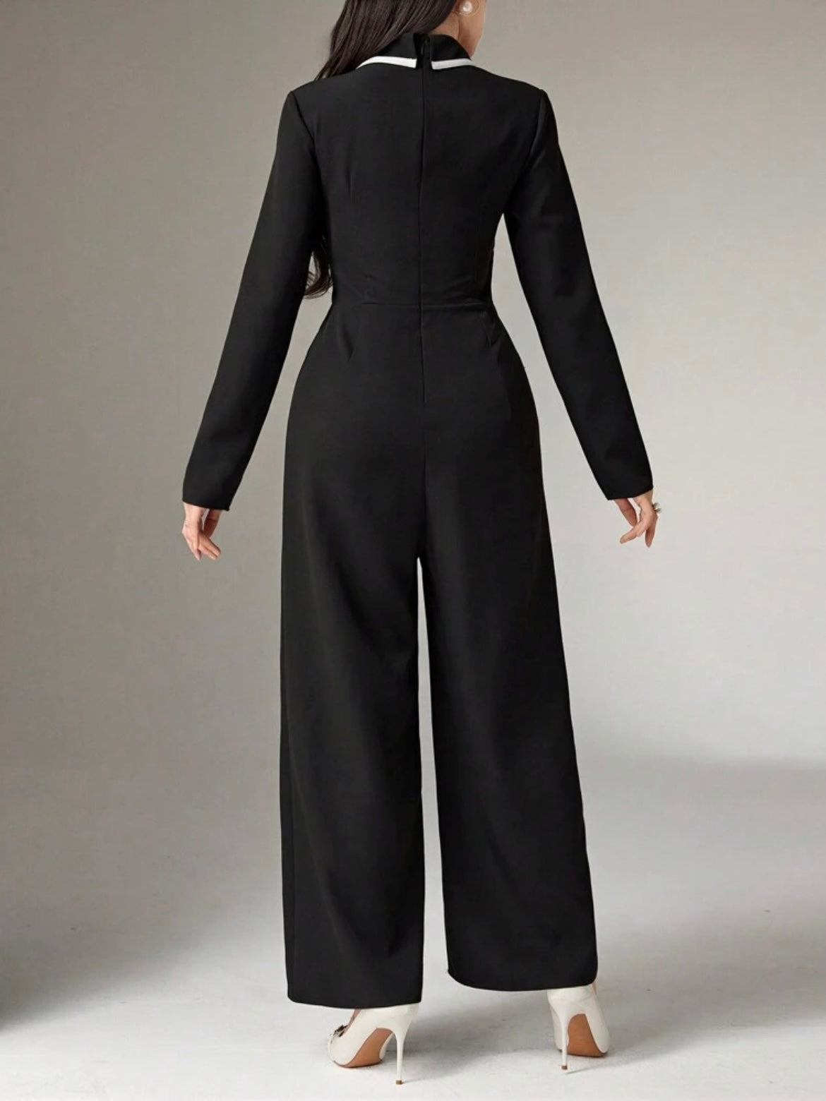 CM-JS132223 Women Elegant Seoul Style Collared Long Sleeve Cuffed Wide Leg Jumpsuit - Black