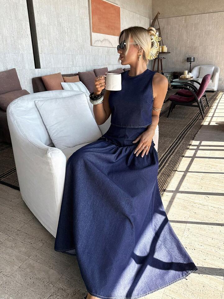 CM-SS155777 Women Casual Seoul Style Dark Wash Sleeveless Denim Vest Top With Flared Long Skirt - Set