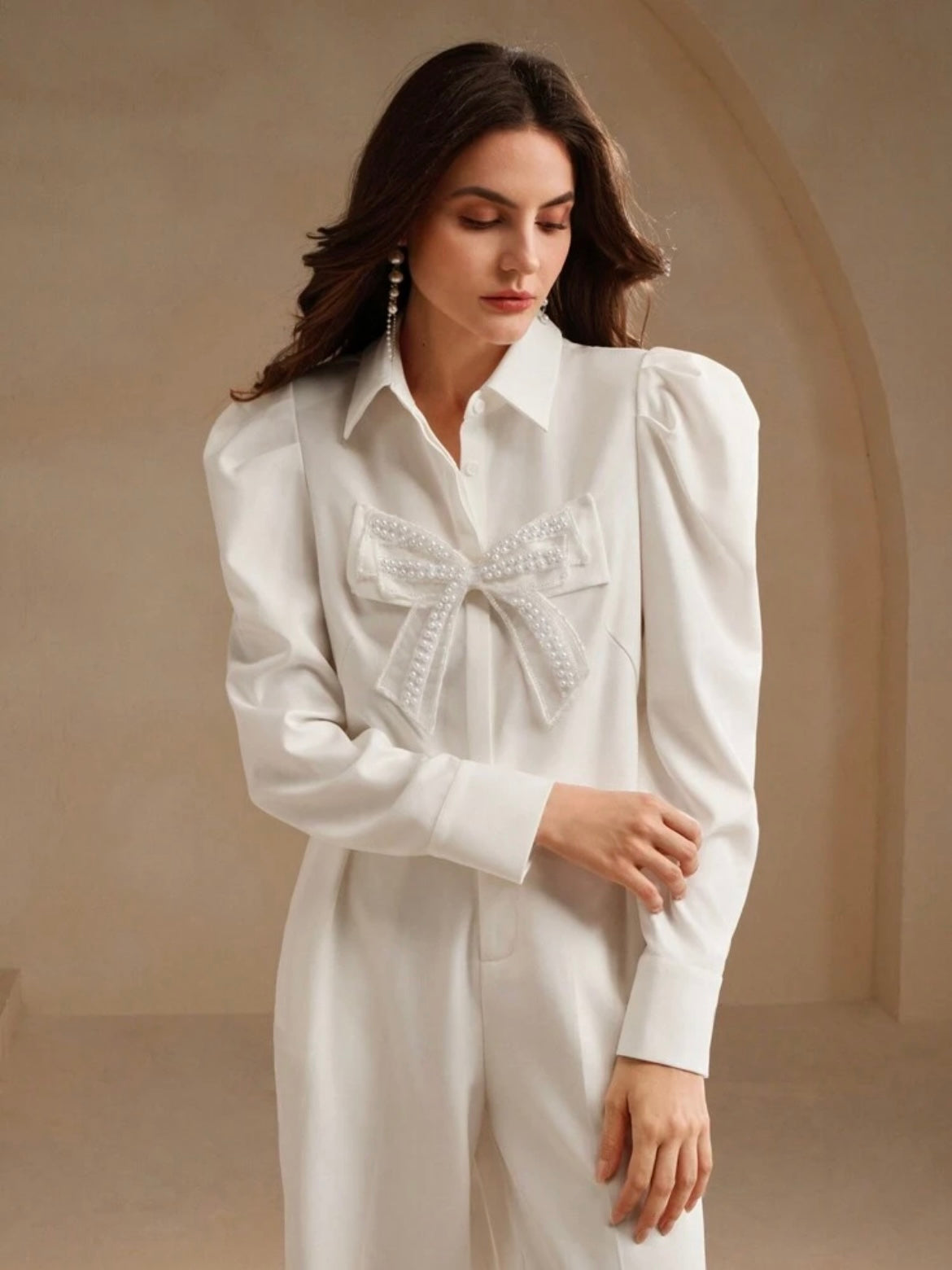 CM-TS706634 Women Elegant Seoul Style Collar Neckline Butterfly Pearl Floral Long Sleeve Blouse - White