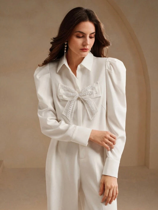 CM-TS706634 Women Elegant Seoul Style Collar Neckline Butterfly Pearl Floral Long Sleeve Blouse - White