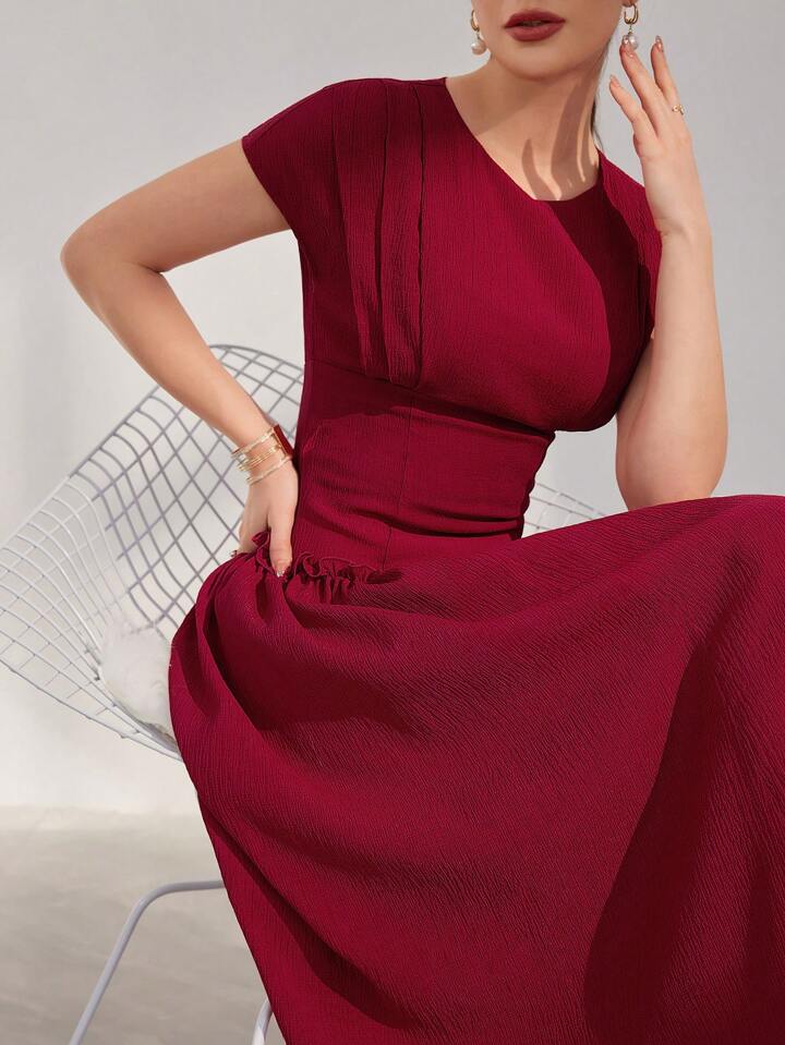 CM-DS200687 Women Elegant Seoul Style Batwing Sleeve Waist Cinched Dress - Burgundy