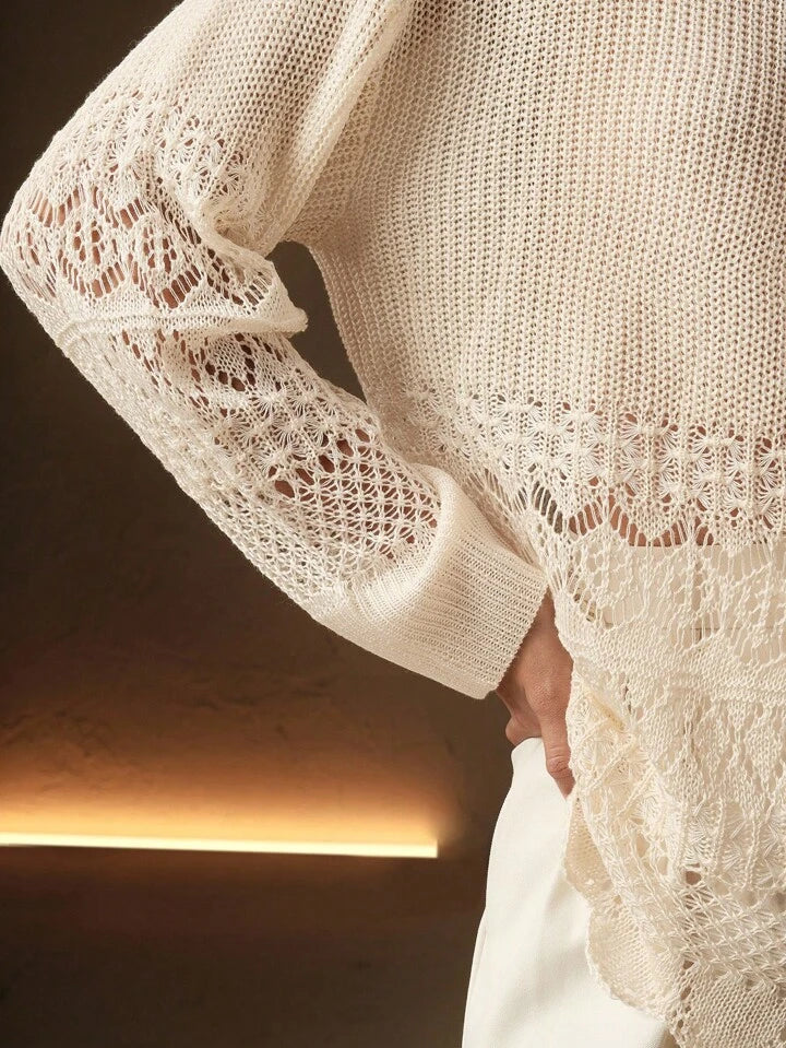 CM-CS169159 Women Elegant Seoul Style Solid Color Hollow Out Pattern Long Sleeve Knit Pullover Sweater - Beige