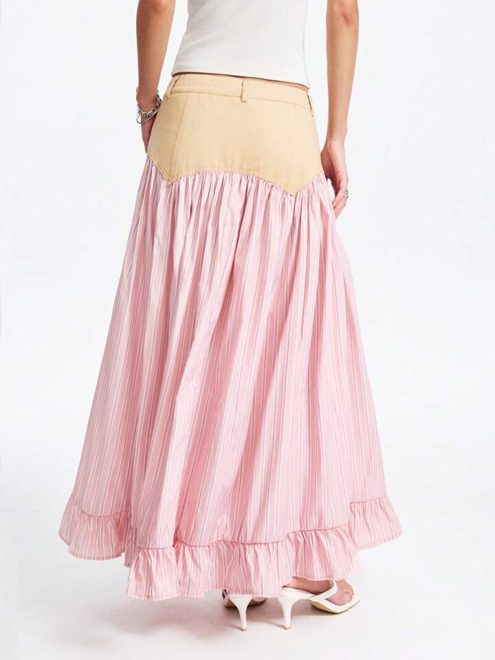 CM-BS028786 Women Casual Seoul Style Striped Asymmetric Patchwork A-Line Ruffle Hem Skirt
