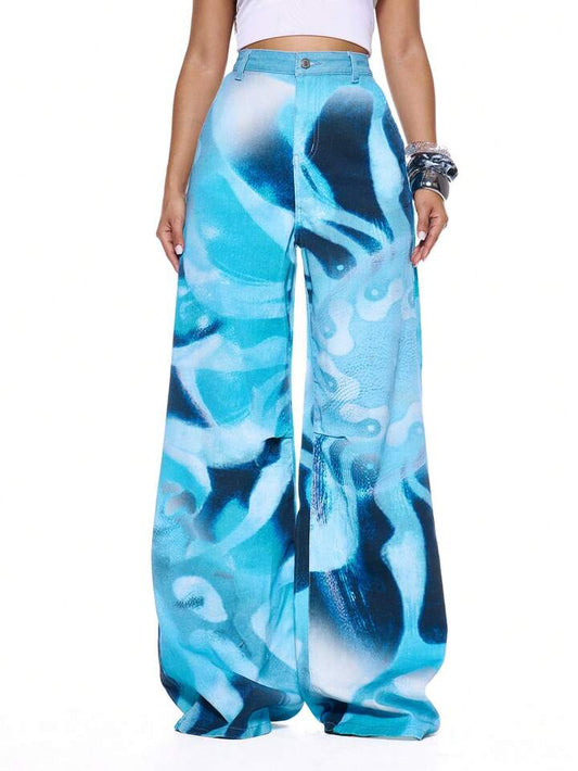 CM-BS267447 Women Casual Seoul Style Low Waist Graphic Print Baggy Loose Fit Wide Leg Jeans - Blue