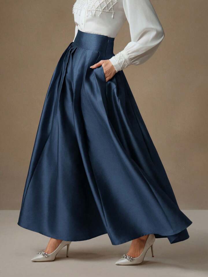 CM-BS166867 Women Elegant Seoul Style High Waisted Puff Pleated Long Skirt - Navy Blue