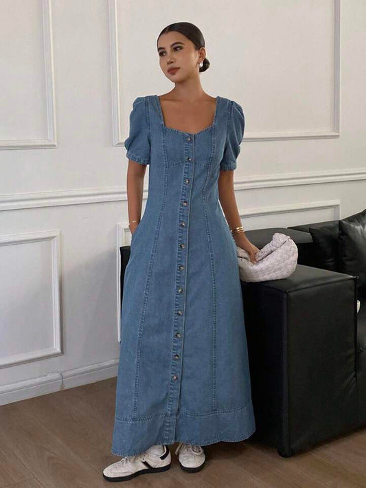 CM-DS733777 Women Casual Seoul Style Square Neck Puff Sleeve Waist Cinched Denim Dress - Blue