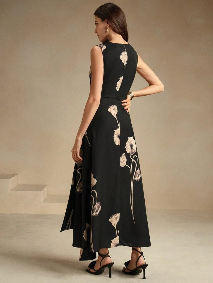 CM-DS243293 Women Elegant Seoul Style Round Neck Sleeveless Floral Printed A-Line Maxi Dress - Black